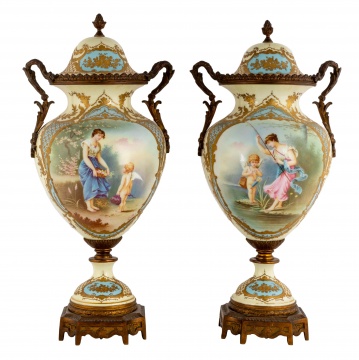 Pair of Decorated Sèvres Covered Urns